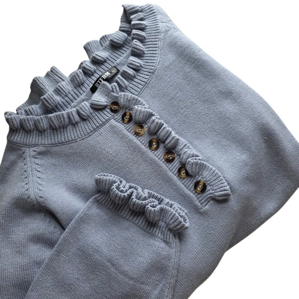 BTFBM Women's XL Light Blue Ruffle Button‎ Up Sweater Long Sleeve Knit Top